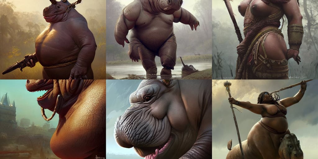 Hippo Warrior, lace, ultra realistic digital art by Greg Rutkowski and Raymond Swanland, immaculate, art in the style of disney