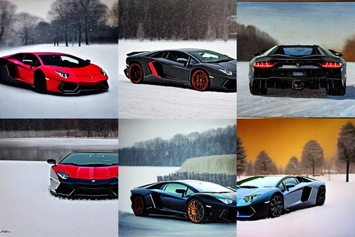 Black Lamborghini Aventador racing in the snow, art by Johannes Vermeer, colorful, Kodak portra 800, along the lake, high detail