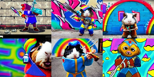 Adorable Guinea Pig holding a frivolous weapon of war, bright rainbow nimbus, blue sea, grunge aesthetic!!! ( ( graffiti tag street background ) ), he - man in battle armor, tuxedos and evening gowns, georgic