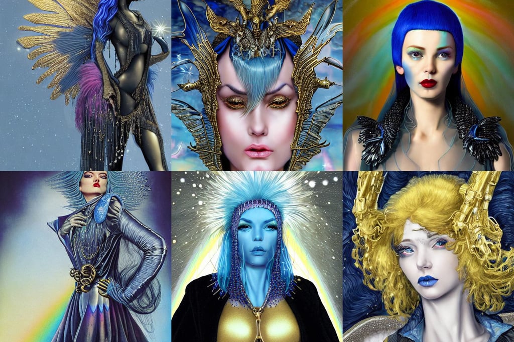 a close up of a woman with blue hair, wearing a dark gray du rag and a black winter puffer coat, golden jewellery, by jim burns, large wings, style of virgil finlay and francois boucher, ian sprigger, transparent plastic sleeveless vest, bright rainbow gold nimbus, elaborate geometric ornament, reflective lighting, depressed mood, realistic ultra detailed, detailed 8 5 mm f / 1. 4, minimalism, elegant intricate digital painting artstation concept art by mark brooks and brad kunkle detailed