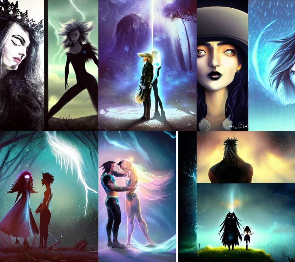 a tall attractive goth girl and a strong buff handsome man, Perfect face, mirror room. light rays. beautiful and cutest sad face. dramatic deep light, long white hair turning to lightning, 1 - point perspective, galaxy background, beautiful collage technique including birds, intricate foreground, in Ori and the will of the wisps style, in spandex suit, sombrero, with a character in a cybernetic suit, megan fox, concept art by Ian McQue, rabbit, mud and brick houses