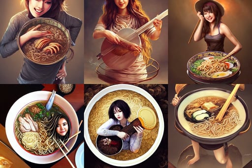 highly detailed bowl of lucrative ramen, jamie coreth, full body art, artgerm 0. 2 5, latina girl, digital art on Pixiv, dramatic playing banjo smiling pose