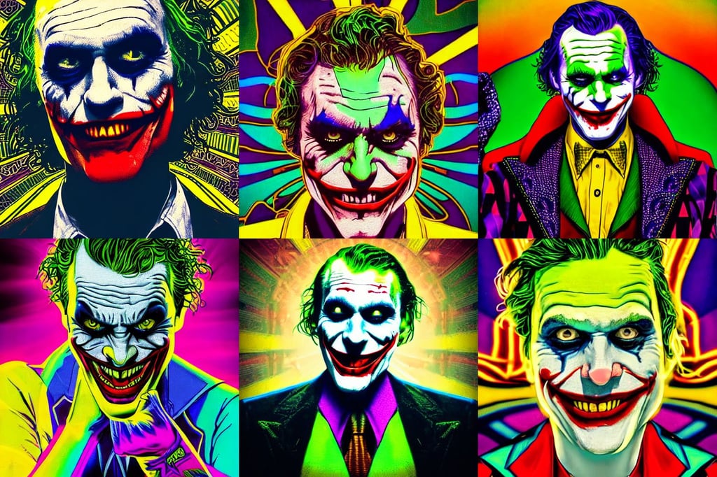 an extremely psychedelic portrait of the joker, color noise reduction, possibly extra limbs, full frame, production quality cinema model, illuminated neon lines, stars, in a checkered yellow shirt, no blur, beautiful face + symmetry face + border and embellishments inspiried by Art Nouveau, glowing details!