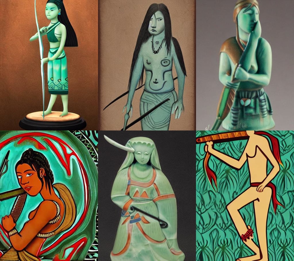 young beautiful tribal woman with a sword, creep, popular illustrations, celadon glaze