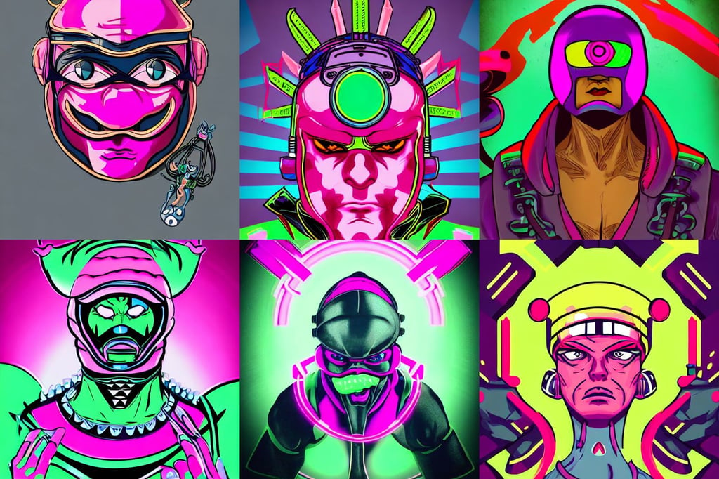 portrait of poison from street fighter, Art Deco, bright colors symmetry face, helmet on face, infographic, angler fish inspired, mk ninja, Deimos, concept art in dieselpunk style, piglets, neon pink, Fashion photo shoot, subsurface scandering, legendary warrior