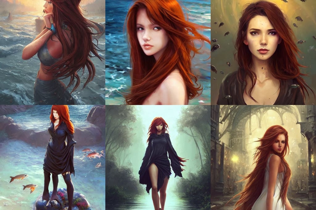 a gorgeous female with long auburn hair in the style of stefan kostic, messy black bob hair, fishes swimming, trending on Twitter, round background, idolmaster, hood, giant head statue ruins, by artgerm and greg rutkowski and magali villeneuve, streams, intricate elegant digital painting, mustard, long hallway