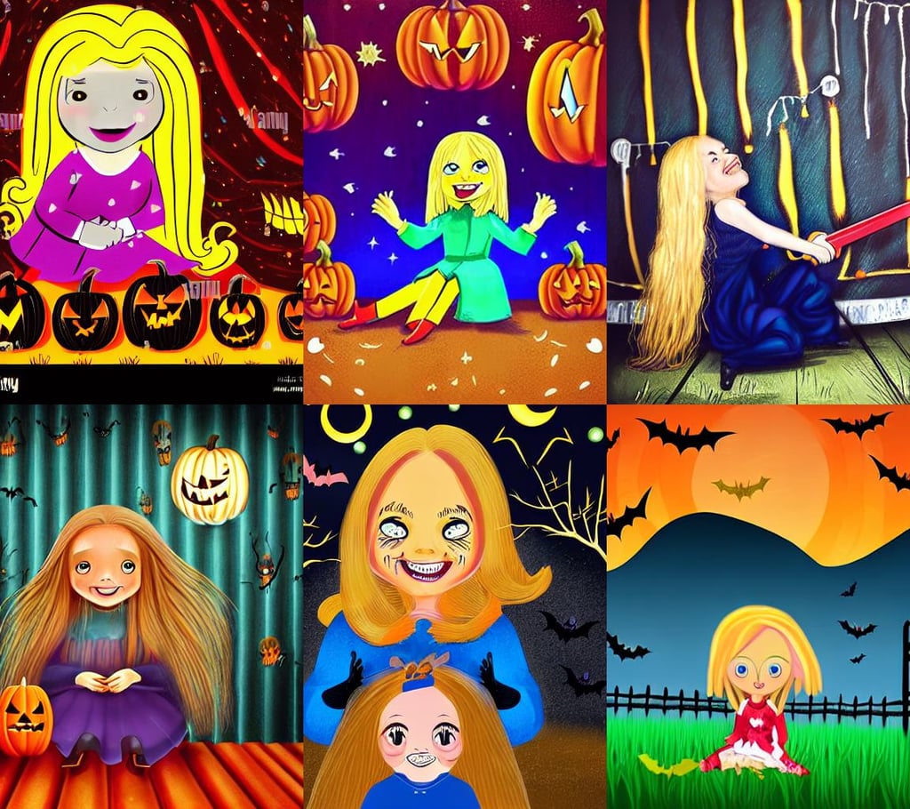 a happy little girl with long straight golden blonde hair sitting amidst halloween decor, vibrant but dreary but upflifting red, jump comics, ( visually stunning, imagine fx, round chin, turqouise eyes, tractor beam, elegance, the rider looks carries a large sword, stylish, blue wall, very coherent symmetrical artwork, storybook illustration, spooky creepypasta, team fortress character art