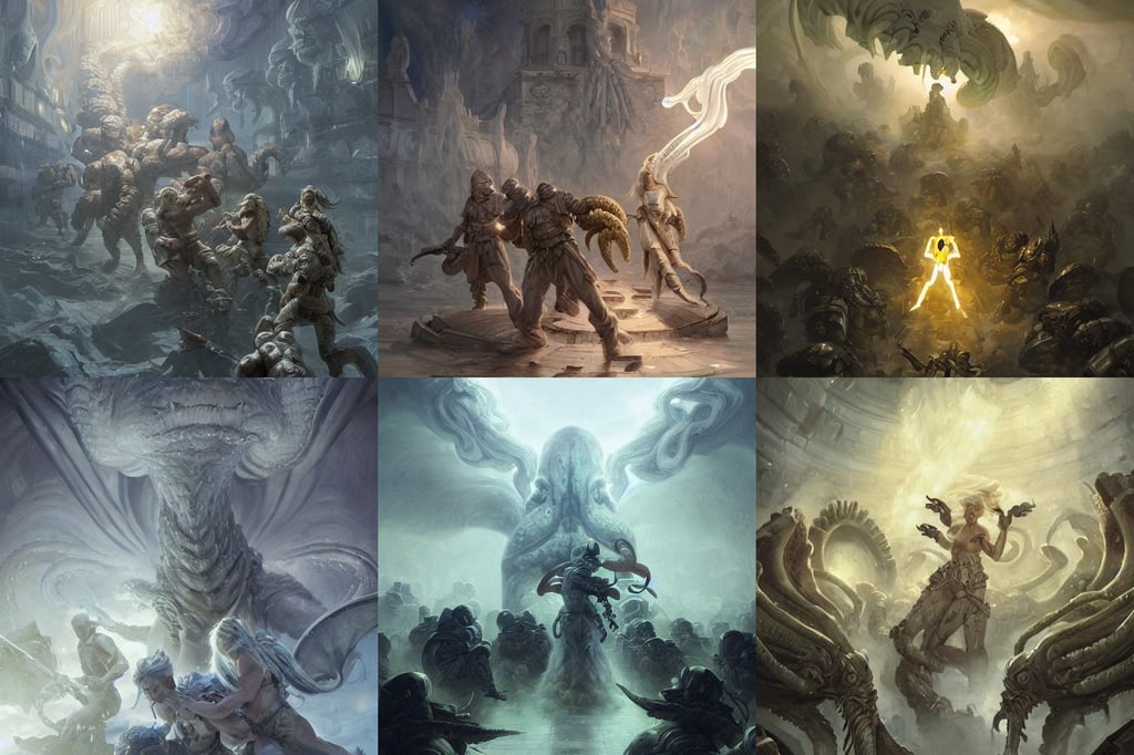 soldiers fighting cthulhu monsters ; digital painting, silky white hair, walls caved with intricate cubic designs, greg rutkowski!, yellow water-cooling coolant, greek god ares by josan gonzalez, ginger extra very long hair, action - pose, moving heads light beams, the temple of soldiers of the future