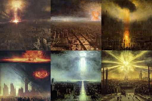 epic scene of an explosion in dystopian metropolis, cinematic lighting, art by Rembrandt Van Rijn, fashion dress, supernova, dramatic atmospheric lighting, art by Jan Van Eyck, art by Tiziano Vecellio Di Gregorio, highly detailed, St..., cinematic lighting, art by Leonardo Da Vinci, art by Claude Monet, factory setting, art by Edward Hopper, roaring, majestic, art by Henri Matisse, art by Sandro Botticelli