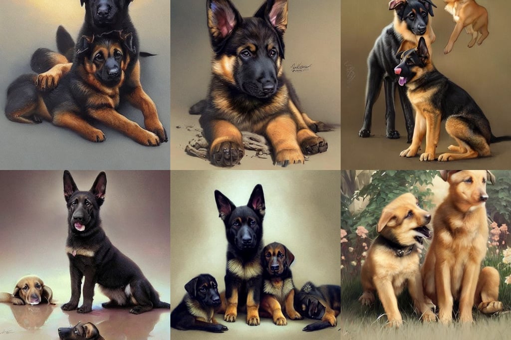 german shepherd puppies playing with labrador retriever puppies, portrait, elegant, intricate, digital painting, artstation, concept art, smooth, sharp focus, illustration, art by artgerm and greg rutkowski and alphonse mucha