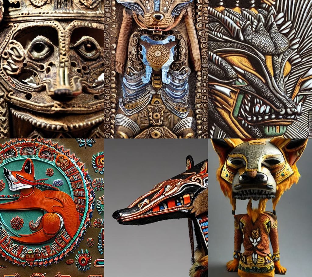 anthropomorphic highly detailed fox wearing dragon armour, mayan culture