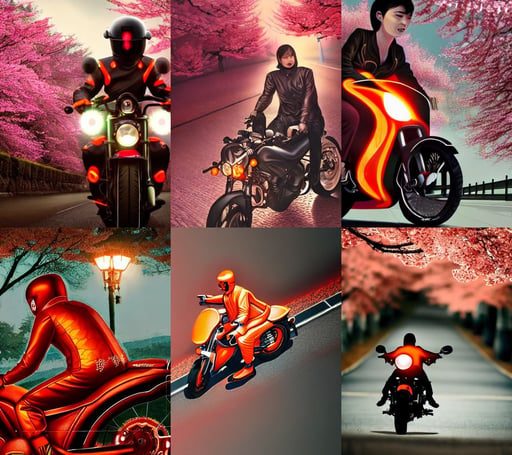 cinematic close up of a person riding a motorcycle on a road near a sakura forest, global ilumination, orange suit, Grim fantasy, artwork by federico pelat, tiny details by artgerm, ultra ornate detail