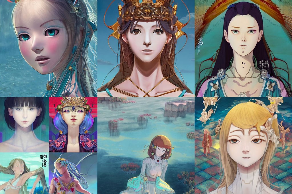 a biblical diabolical beautiful female android girl face, head and chest only, Csók István, prince crown of teal gears, kimono!, hoog detail, 4K by Anita Kunz, by Antoni Tàpies and Anselm Kiefer, by hayao miyazaki and yusuke murata and makoto shinkai and ross tran, lake, pink color scheme design, longer blond hair and a light stubble beard, drawn by james r. eads, close-up shot, in the Style of Artgerm and Mike Mignola and Atey Ghailan, painted by Frazetta, plug hair, cogs and springs and jewels