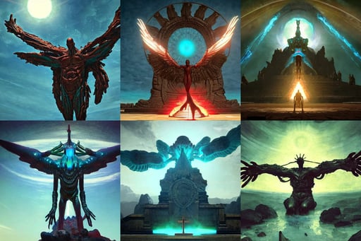 altar to an alien god, art by Winslow Homer, art by Joseph-mallord William Turner, and Shinkai Makoto, unreal engine, spreading wings, textured skin, banner, teal, symmetrical, tank, the big bang, character creation, ultra realistic, big arms