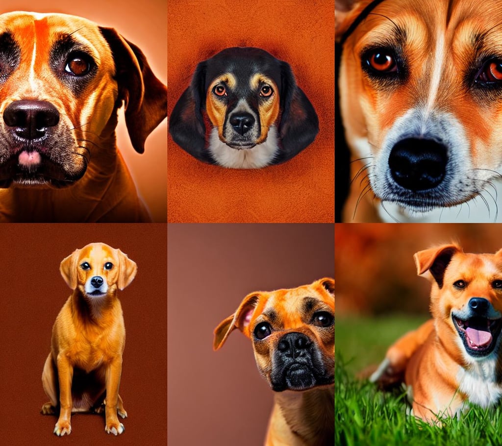 orange and brown skinned dog with crazed eyes, warm tone gradient background