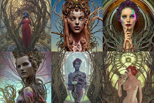 sculpture of persephone, Brooklyn background, volcanic arcs, photorealistic portrait by michael komarck, bulbous shperical windows, detailed intricate ornate tentacles connected to head, in the style of blade runner & pixar, gnarly trees, alphonse mucha., the other head is harry dunne ( from dumb and dumber )