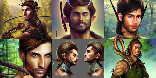 portrait of a good - looking brown - haired young man with a man - bun, forestpunk background, noriyoshi ohrai, superflat, male elf archer, antennae on a hestiasula head, product lighting, shattered beautiful cyborg - girl!!! in the style of arcane, bright future