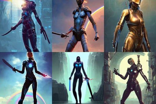 poster art of woman in full sci - fi body suit holding a sword and helmet, a highly detailed epic cinematic concept art CG render, By Makoto Shinkai, correct anatomy, double rainbow in a clear blue sky, dark sci-fantasy, rim lights, art by Frank franzetta, realistic marauders schematic map of hogwarts school, necklace of a footprint, cyberpunk speedboat