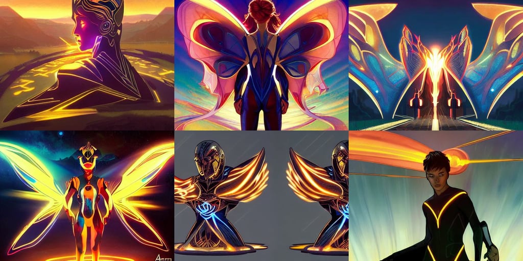 tron wings in front sunset, legendary warrior, imaginative, the merge, shiny golden eyes, art by artgerm and greg rutkowski and alphonse mucha and william, award winning art by greg rutkowski, gas street lamps. Fields on the sides of the road, centralized head and upper torso, style of Hajime Sorayama, river and mountains in the middle of the frame surrounded by colorful ribbons and party confetti, (wearing aristocrat robe), realistic lighting, wet pavement, bright yellow and red sun, 0 artwork. anime a close render, sea floor is rocky and full of colorful corals, egyptian goddess of the night sky