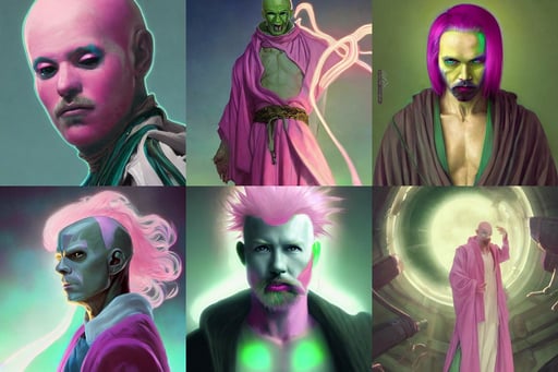 portrait of'tomba!'with male with pink hair and green pants, dark retrowave, bald head and white beard, deblurring, translucent off-white gown and cloak, alien homeworld, good lighting, by android render, kimono, scarlet johannson, art by greg rutkowski and alphonse mucha, gorgeous art by artgerm, subtle colors, facial beauty, portrait by magali villeneuve and ames jean and artgerm and greg rutkowski, rocket league, incredibly detailed