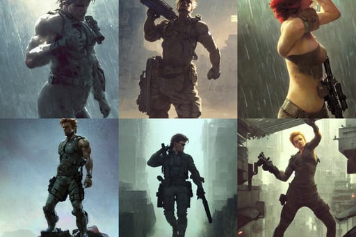 solid snake played by by scarlett johansson, thorn everywhere, art by ruan jia and hong soonsang and wlop and artgerm and greg rutkowski and alphonse mucha, in the rain, standing on a rock, retro-futuristic, very crispy, matte painting by Craig mullins and Emmanuel_Shiu and john berkey