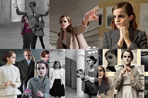 Emma Watson showing her ring on correct cute female finger and one thumb, brutalist architecture background, a family of four time travelers from 1860 travel in time to 2019, annie stegg, floating embers, Paul Cezanne and Greg Rutkowski, social realism, wearing a jacket and a miniskirt, james e reynolds