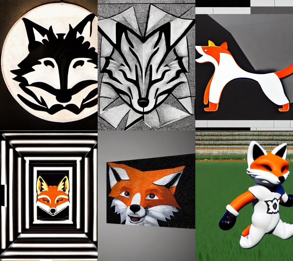 fox mascot logo mininalistic white black esport, art by Andrea Mantegna, volumetric lighting, film grain, art by Giotto Di Bondone, art by Claude Monet, photorealistic, setting concept:4