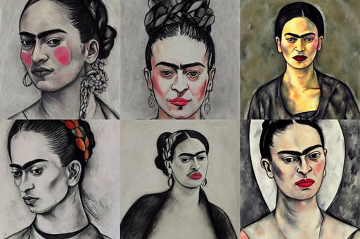 charcoal and pencil style, art by Magdalena Carmen Frida Kahlo Claderón, art by Paul Cézanne