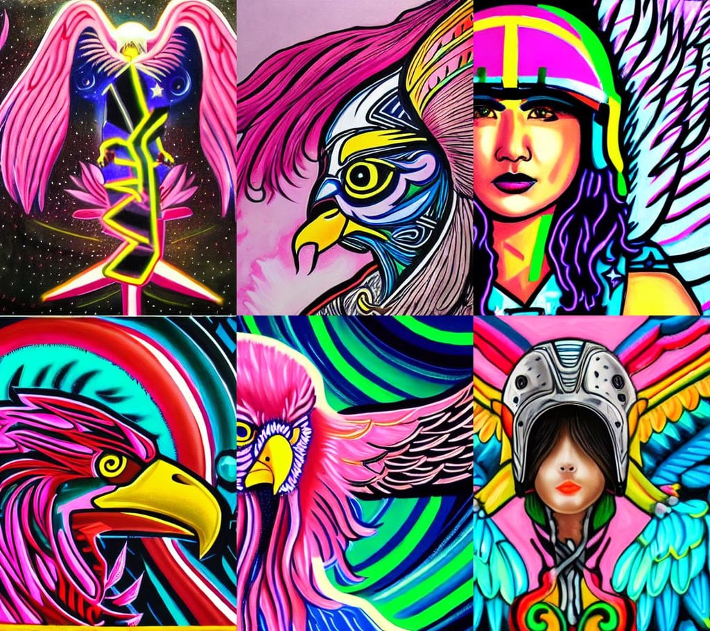 A extremely detailed painting of a eagle with a fighterjet-helmet, visions, neon colors, attractive oriental woman, pink hair, runic rings, very very pale blond hair