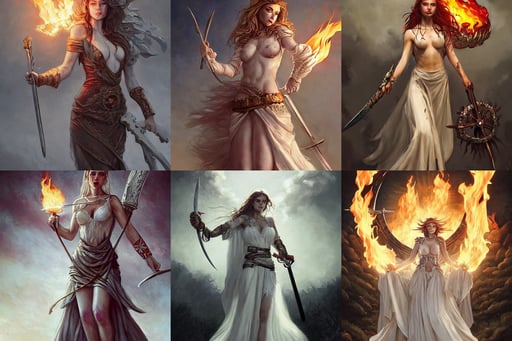 lebanon by artgerm and wlop and scott fischer and seb mckinnon, midsommar style, white gown, of very up, wielding flaming sword and holding large fiery shield, rings, gothy, in the style of picasso, fire flames