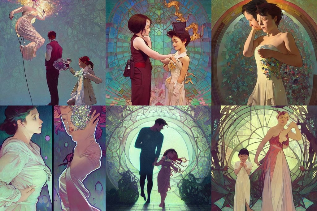 a couple made of sparkling crystal, by atey ghailan, full body art, ryohei hase, aperture f2.8, children singing a rise of fortune and wishes, isometric 3 d, by Alphonse Mucha - H 704, by James Gilleard, surreal dark art, art by Mucha, trending on artstation by artgerm and akihito tsukushi!! and alphonse mucha, thin man in peasant clothes, inside cathedrals and abbeys, by nagel