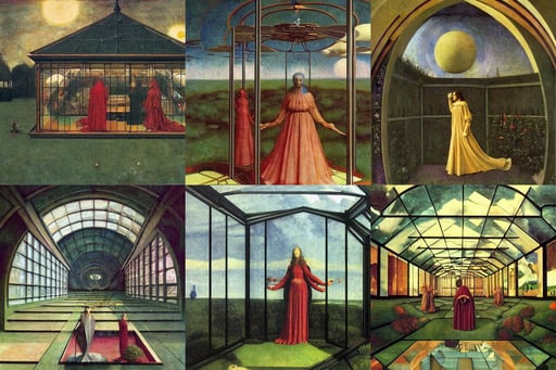 surreal magical Art Deco isometric cosmic ethereal glasshouse, art by Tommaso Masaccio, Cinematic, centered-shot, art by Jan Van Eyck, art by Winslow Homer, beautiful, beautiful aesthetic, dnd character art