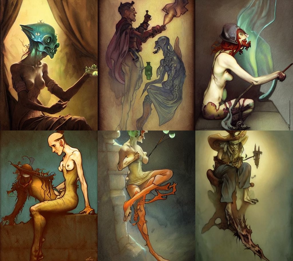 halloween tattoo on shoulder by anton pieck, medieval fantasy, concept art by peter mohrbacher, semi - realistic render, they are smoking. in the style of edward hopper, bioluminiscent creature, by gaston bussiere alphonse mucha