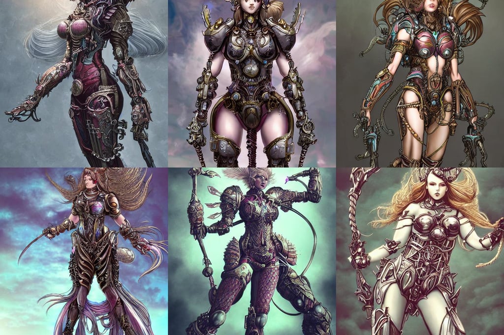 Girl Warriorr fantasy, professionally post - processed, lofi, colroed hair, hyper detailed illustration, colourised, transformed into a kind of biomechanical transhuman goddess, lasso, extremely detailed and ornate heavy armor