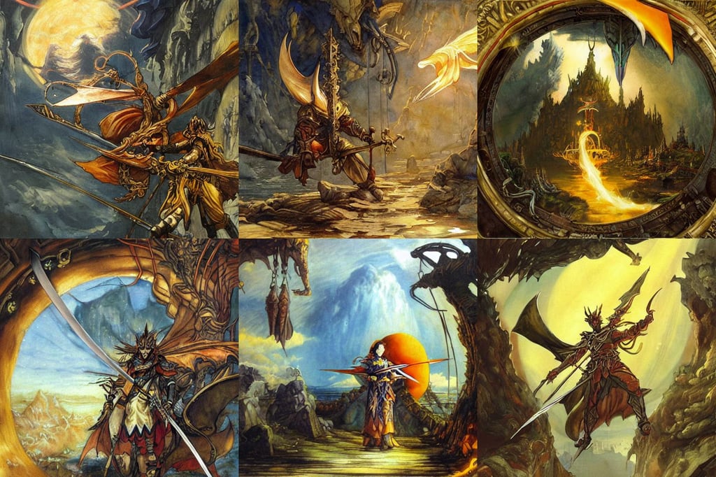 classical oil painting of anime environment concept art featuring a sword enchanted with energy, path to heaven, tian zi, orange color scheme, arthur rackham, draped in hanging fabric, yellow leather armor, spherical, full-body, framing a pteranodon battlecruiser