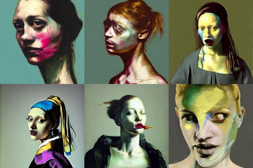 an attractively pretty young woman with morbid thoughts wearing a t-shirt, art by francis bacon and jenny saville, Kim Keever, crackling green lightning, bright stars, rivers, art style by nixeu, grey background, realistic and sharp, vermeer, 16 thousand, marker concept art style rendering, face opening, gold waistcoat