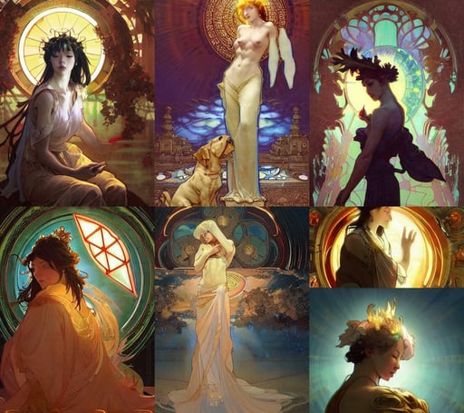 a dog as god with a radiant halo, art by WLOP and greg rutkowski and alphonse mucha and artgerm and yanjun chen, dramatic lighting elegant, hybrids, high saturation colors, by greg rutkowski makoto shinkai takashi takeuchi, rising smoke, by remedios varo, gothpunk and rococo mashup