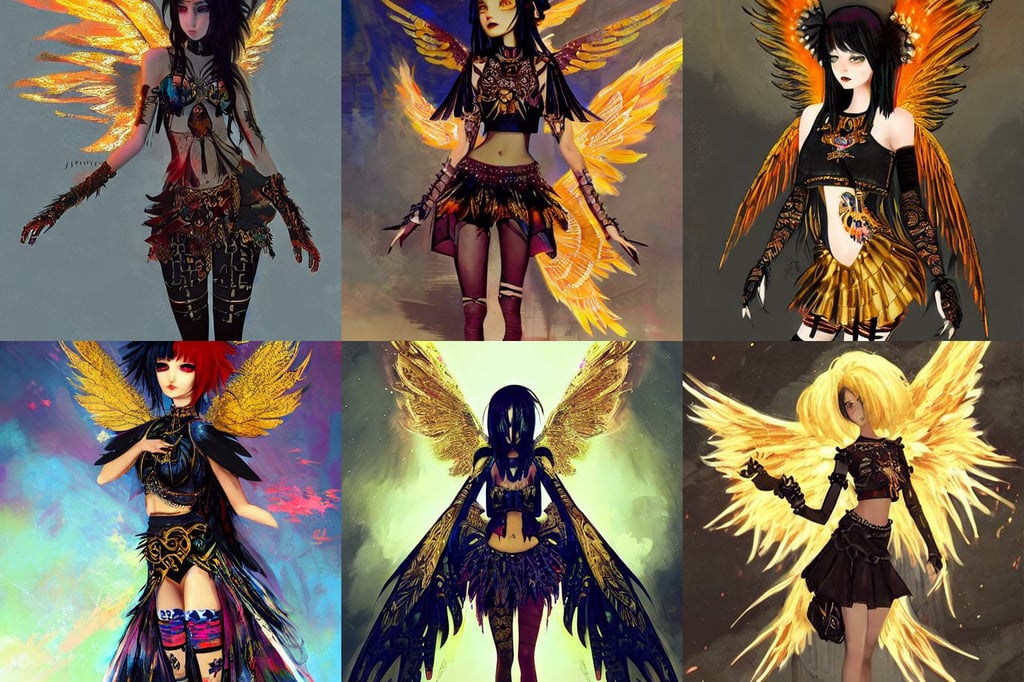 goth anime girl in mini skirt and crop top intricate, with fiery golden wings, elaborate geometric ornament, painted by jeremy mann, concept artbook, as hot gadget hackwrench by pixar