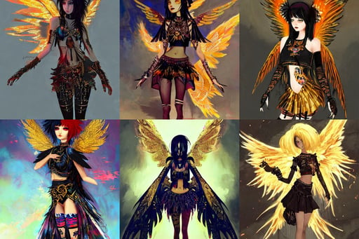 goth anime girl in mini skirt and crop top intricate, with fiery golden wings, elaborate geometric ornament, painted by jeremy mann, concept artbook, as hot gadget hackwrench by pixar