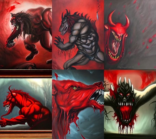 Dark Fantasy Painting of a muscular red beast with blood dripping from its mouth