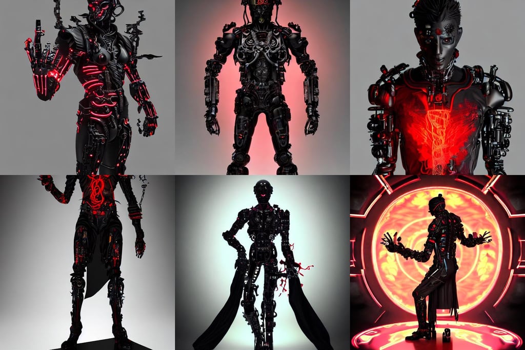 full-body cyberpunk style sculpture of a young handsome dark god of battle, half android with a head opening exposing circuitry, glowing red eyes, black roses,  flowing blood-red colored silk, fabric, candles. baroque elements, genetically augmented cyborg male. full-length view. baroque element. intricate artwork by caravaggio. Trending on artstation, octane render, cinematic lighting from the right, hyper realism, octane render, 8k, depth of field, 3D