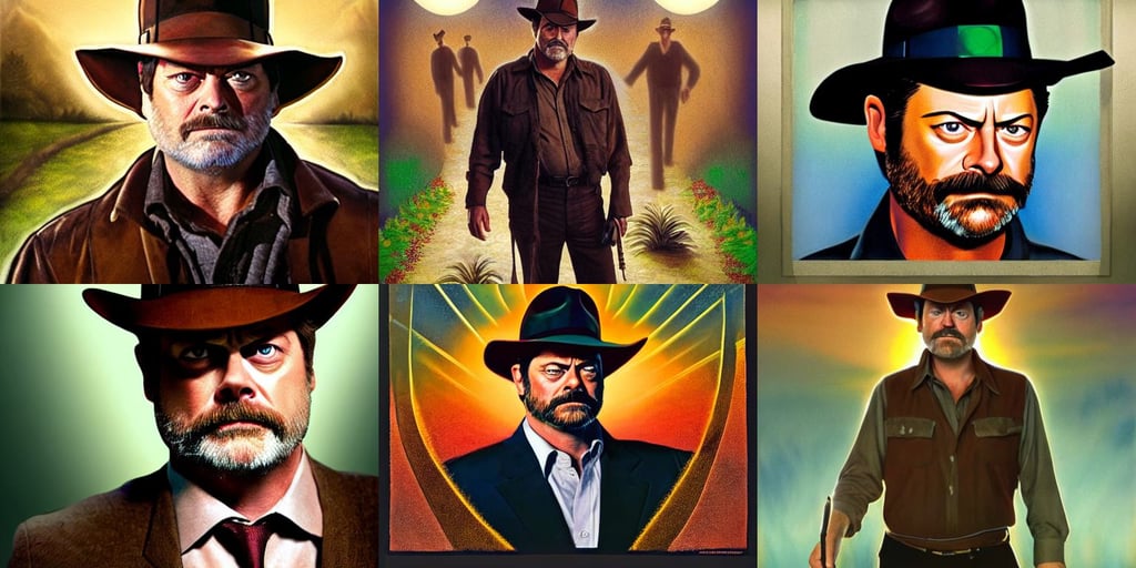 portrait of nick offerman as indiana jones, standing in a pristine gleaming restroom, in a post appocalyptic city overgrown by plants, airbrush style, parted in the middle, negative space is mandatory, huge scene, magic luminescent sunset, symmetrical composition, massive destruction, and the mood of this artwork is dull