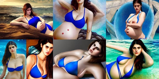 cinematic photography of pregnant alexandra daddario in a blue bikini, art by artgerm and james jean and Nick Sullo