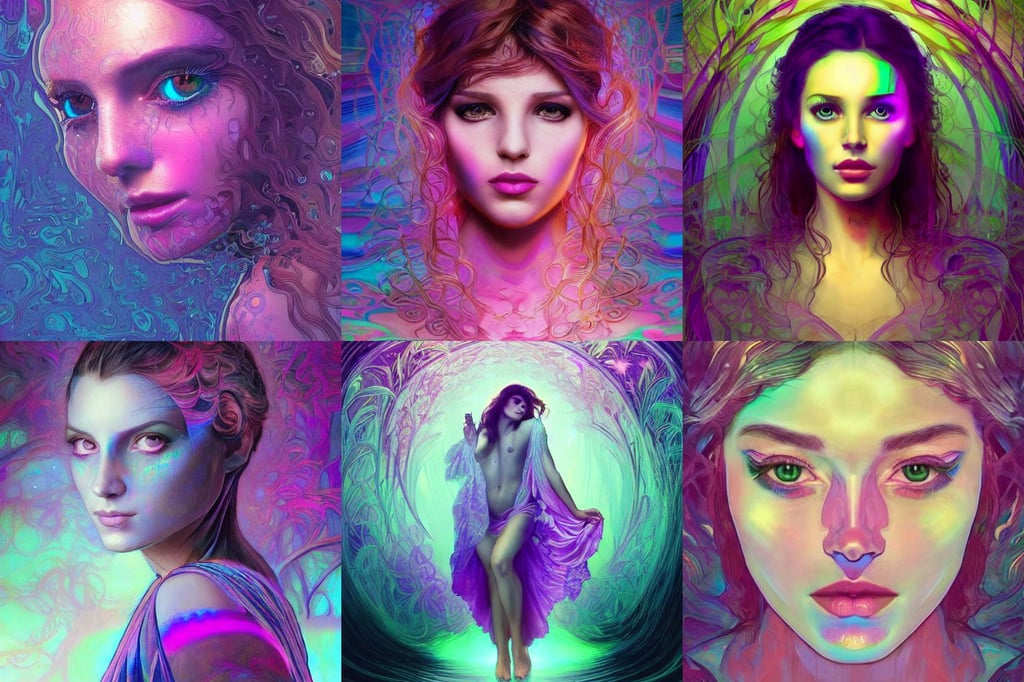 portrait of beautiful woman, holographic screen in center frame, full frame 3 5 mm, fine-art, walking through a psychedelic forest, joe botardo, blank ink, beautiful violet eyes, rippling water, artgerm and greg rutkowski and alphonse mucha and jacques louis david, glowing pink eyes, concept digital art trending on artstation oilpaint, artgerm and greg rutkowski - 1 0 0 k