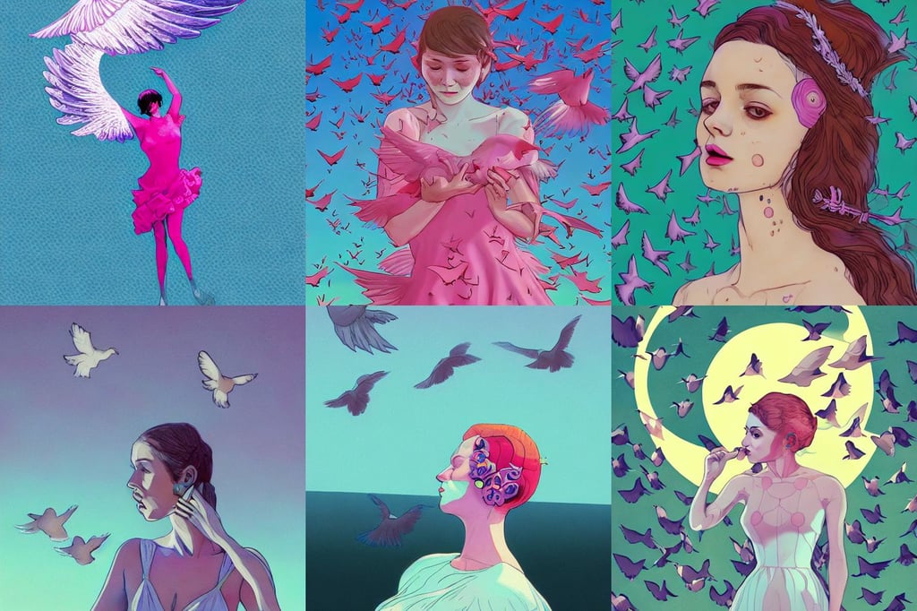 doves flying into a human ear, 4 k post - processing, a very cute and gorgeous woman wearing a dress made of water, bright internal light, art by antgerm, sharp claws, tomer hanuka, pastel color, 3 5 mm film, feasting on a dead body