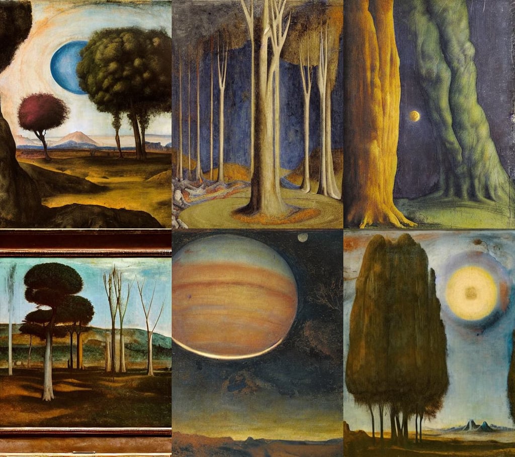 a vibrant alien planet, art by Tommaso Masaccio, art by Giotto Di Bondone, art by Eugène Delacroix, art by Gerhard Richter, art by Gustave Courbet, trees