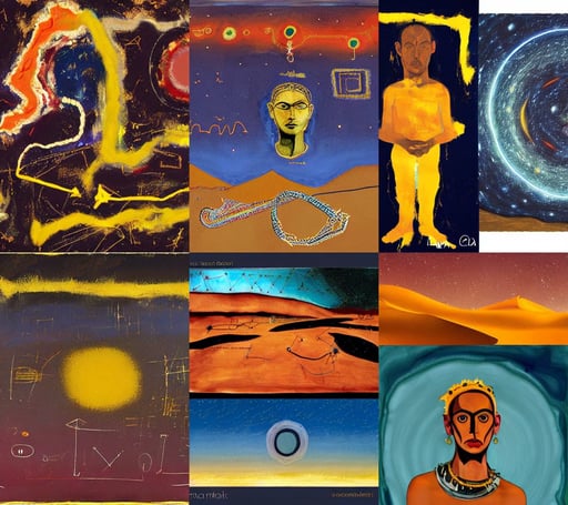 desert sea under a cosmic night sky, art by Mark Rothko, art by Michelangelo Merisi Da Caravaggio, art by Domenikos Theotokopoulos, vector illustration, art by Magdalena Carmen Frida Kahlo Claderón, head-to-toe, gold necklace--iw 1.1, art by Jean-michel Basquiat, art by Paul Gauguin, art by Rembrandt Van Rijn