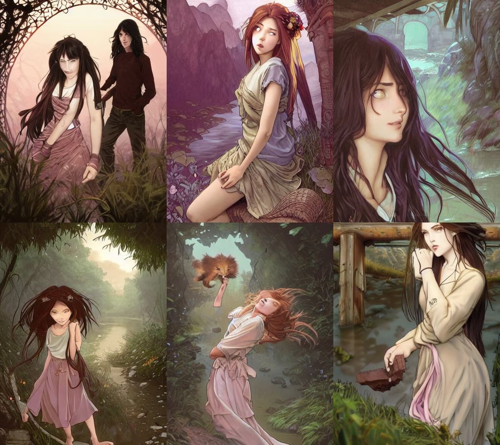 clothed young man and woman with long brown hair, skirt and short shirt, ferocious, kait kybar, art by artgerm and greg rutkowski and alphonse mucha and eiichiro oda”, painfully adorable, under a small bridge near a cottage a stream flows, pink rosa, enki bilal, midsommar - t, generative art, foggy at dawn, bridge, strong shadows, made in Maya