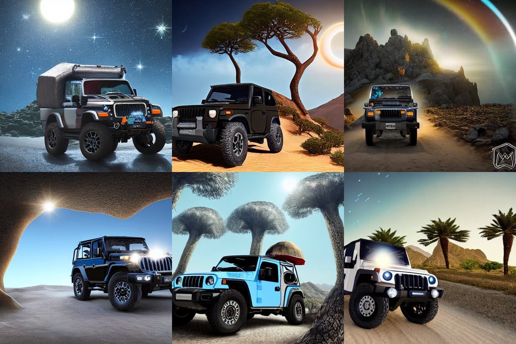 mahindra thar riding through moonlit socotra island with dragon trees, mods, daft punk style, ue4, lush black hair, blue and grey theme, in data center, fantasy digital art by mobius, kawaii shirt and jeans, sun flare