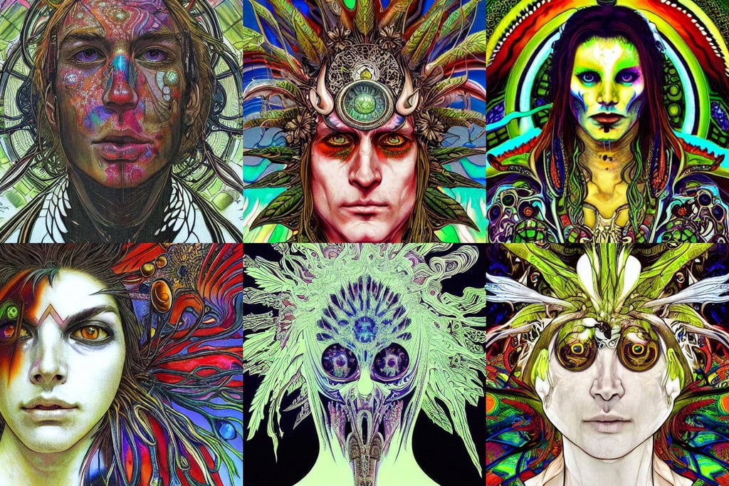 psychedelic shaman close-up portrait. amanita muscaria phoenix head, carved white marble, final fantasy viii graphics, coherent design, casual white garment, A-channel, Basil Gogos, a masterpiece, flat anime style shading, sprites, immersed within a network, art by simon bisley and greg rutkowski and alphonse mucha